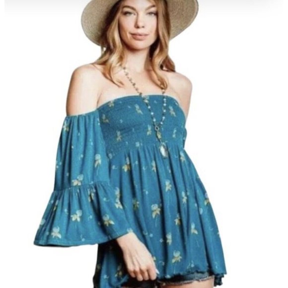 Free People Tops - Free People off-Shoulder Shirt Tunic top XS Floral Blue Stretch NWT